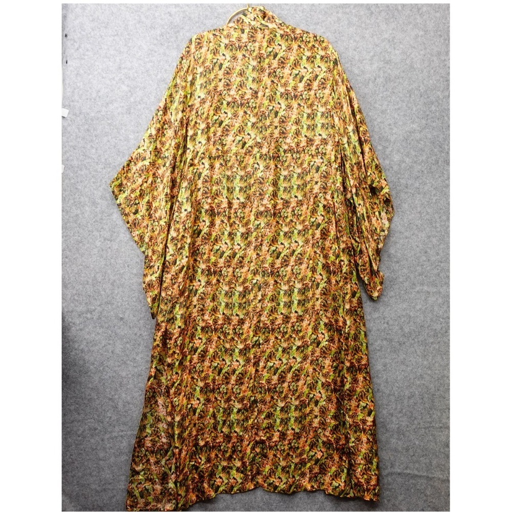 Kimono Robe Womens S M Green Yellow Floral Boho Side Slit Duster Kaftan NAYAM 1 - Picture 2 of 13